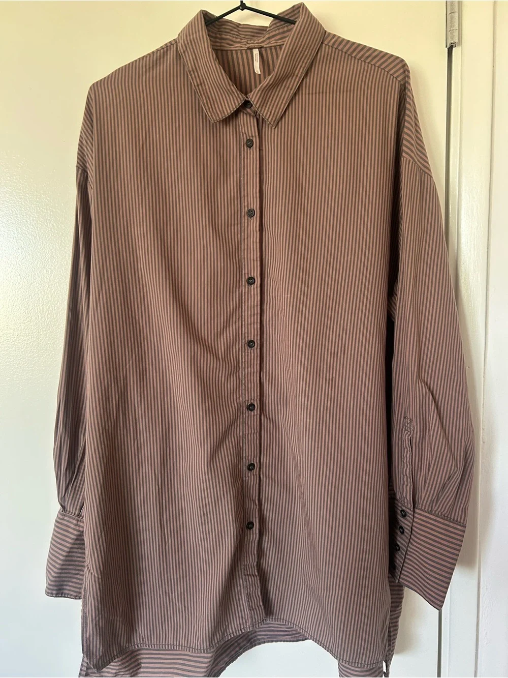 Free People Brown and Black Striped Button-Down Lakehouse Oversized Shirt
